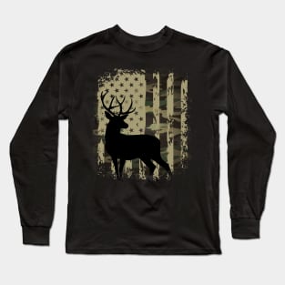 Camo US Flag Deer Elk Buck Camoflage Hunting Hunter Dad Long Sleeve T-Shirt